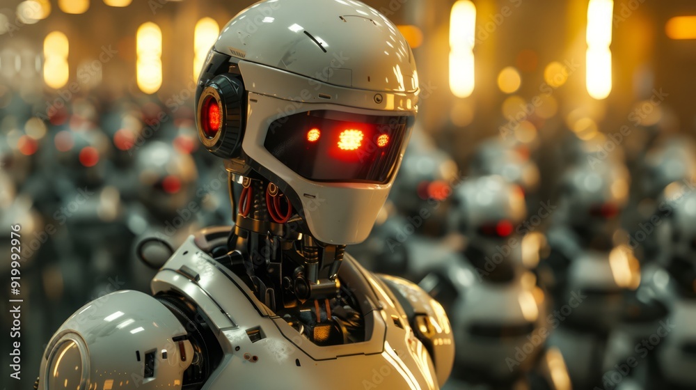 Poster robotic assembly line featuring advanced humanoid robots in a futuristic setting