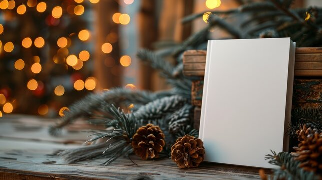 Blank book on a wooden table surrounded by evergreen branches and festive lights