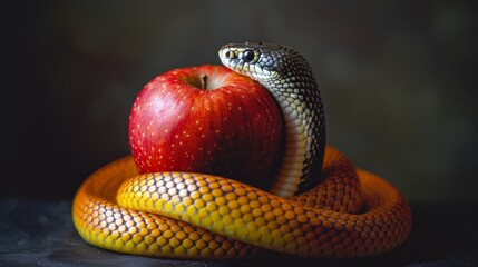 Snake coiled around a shiny red apple on a dark background