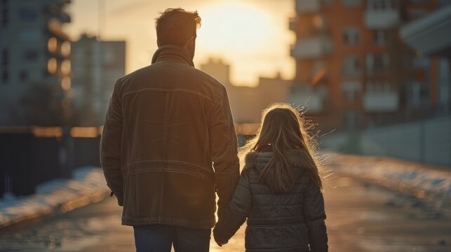 Father and daughter walking hand in hand on a city street at sunset during winter