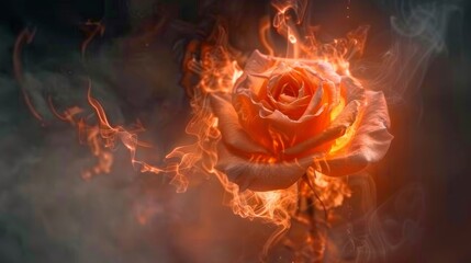 Flaming rose glowing with vibrant colors amidst swirling smoke effects