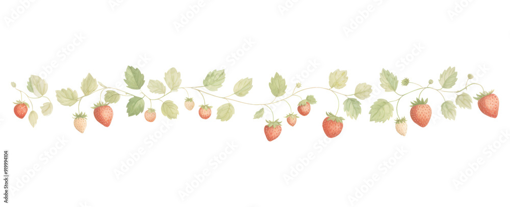 Sticker png strawberries leaves vine as line watercolour illustration fruit plant food.