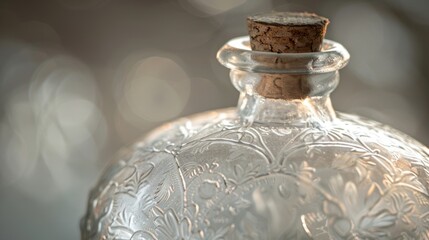 A closeup of a vintage glass bottle with a frosted finish and a delicate heartshaped pattern. The glass has a slight curve to it and is adorned with a vintageinspired cork stopper.