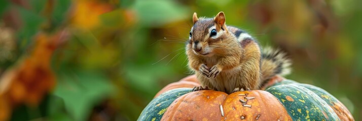 Obraz premium A delightful little chipmunk resting on a colorful green and orange pumpkin with room for text