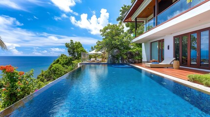 Luxury infinity pool villa overlooking the ocean on a sunny day. Perfect for vacation and relaxation.