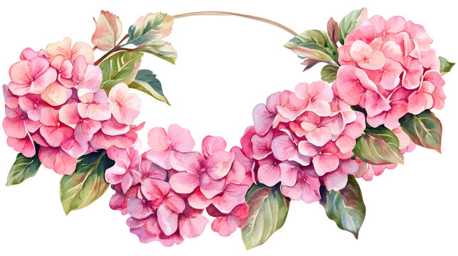 recommend clip art: Pink Hydrangea Flower wreath watercolor Illustration on a transparent background. Hydrangea flowers clipart.
                    