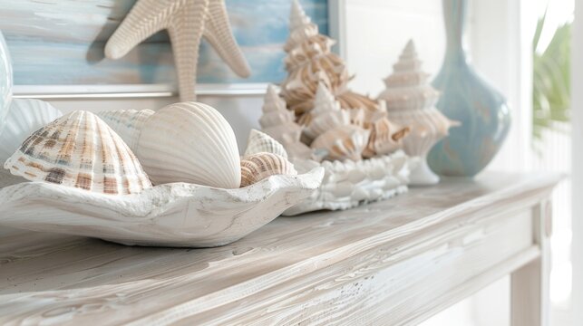 Breezy beach vibes in this coastal entryway boasting a whitewashed console table and a collection of seashells on display.