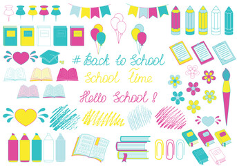 Back to School icon set with lettering and chalk strokes isolated on white background. Big vector set for First day of School, graduation exam, Teacher's day and other events. Not AI created.