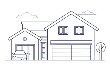 Elegant Line Drawing of a Single-Family Home with Garage Clean Line Art Vector Illustration