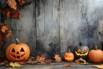Halloween Themed Background with Jack-o'-Lanterns and Bats