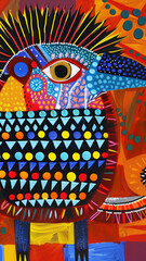 Obraz premium Hedgehog - bird, colorful, abstract, art, painting, design, modern, vibrant, patterns, polygon, dots, feathers, eye, beak, contemporary, illustration