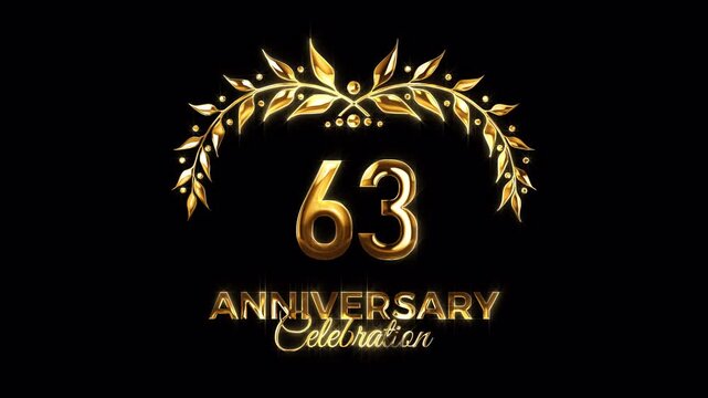 63rd Anniversary Celebration. Happy 63 Years Anniversary Animation in Gold Color on the Transparent Background, Alpha Channel. Great for greetings, celebrations, events, and gifts.