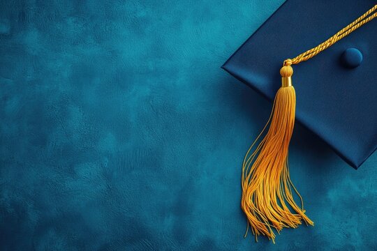 A graduation cap with a yellow tassel sits on a blue background. The cap is the main focus of the image, and the blue background serves as a neutral and calming backdrop