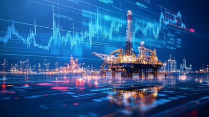 Offshore oil rig with business graph, oil and gas business and trading concept.