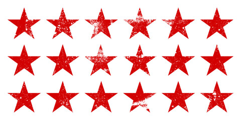 Obraz premium Red vintage stars with cracks and stains. Old hand-drawn sign, black simple shape. Retro design element with distressed effect, grunge texture. Vector illustration
