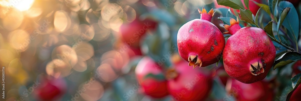 Poster vibrant, mature pomegranate fruits hanging on trees in a garden during autumn.