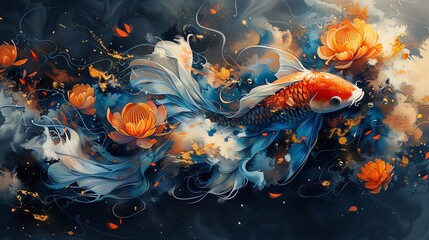 Vibrant digital art of a koi fish swimming among abstract floral elements, depicting fluidity and elegance with bold colors.