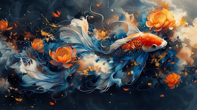 Vibrant digital art of a koi fish swimming among abstract floral elements, depicting fluidity and elegance with bold colors.