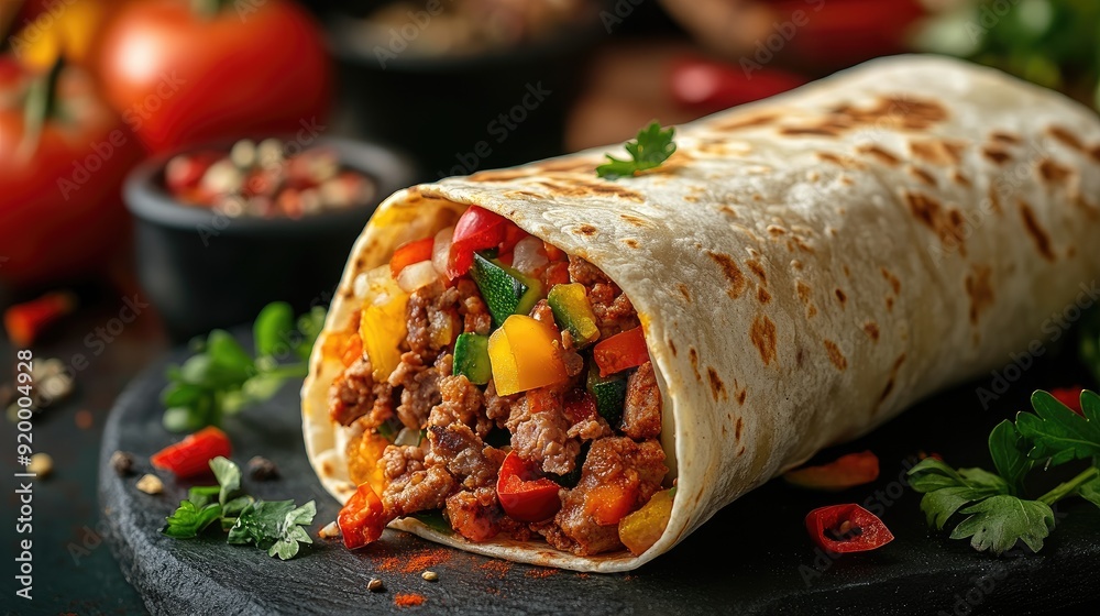 Wall mural A burrito with meat and peppers is on a black table. The table is surrounded by bowls and a bottle