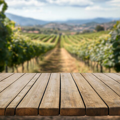 Wooden table top on blurred vineyard landscape background