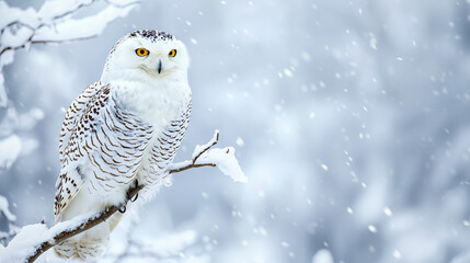 a snowy owl perched on a branch, its white feathers blending seamlessly with the snow-covered surroundings