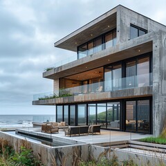 A coastal home designed to blend seamlessly with the ocean landscape, enhancing the relationship between land and sea, landscape home relationships, coastal integration