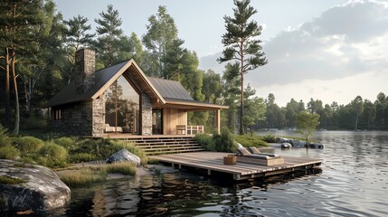 Obraz premium A lakeside cabin with a dock, emphasizing the intimate relationship between home and waterbased activities, landscape home relationships, lakeside relaxation