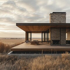 A minimalist home in a wideopen prairie, emphasizing the relationship between simplicity and vast, open landscapes, landscape home relationships, prairie simplicity