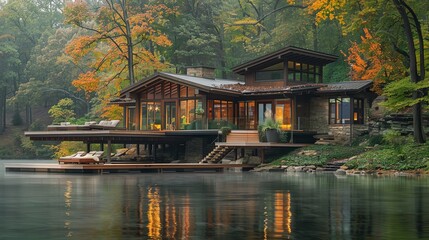 Obraz premium A lakeside cabin with a dock, emphasizing the intimate relationship between home and waterbased activities, landscape home relationships, lakeside relaxation