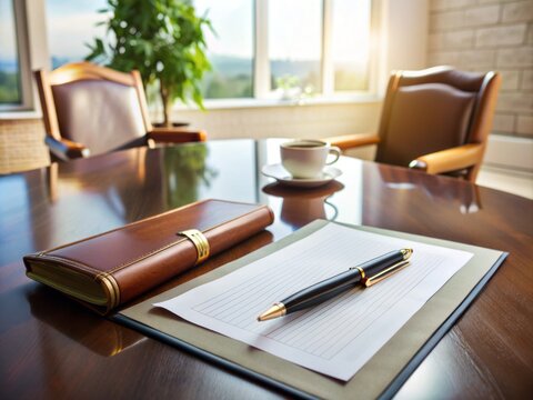 A neatly organized desk with important documents, a will, and a pen, surrounded by a calm and serene background, signifying responsible estate planning.