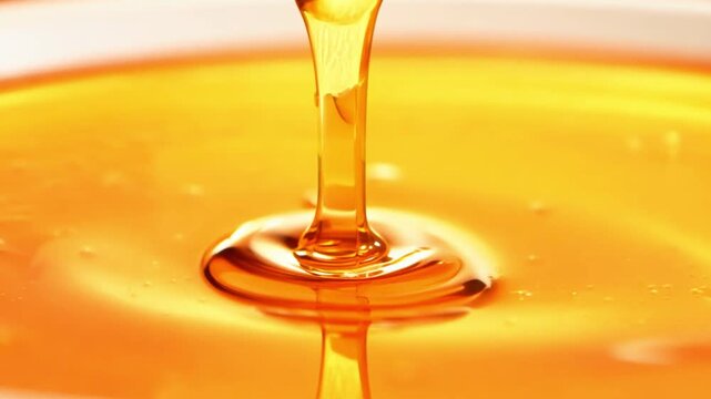 A close-up view of golden honey being poured.