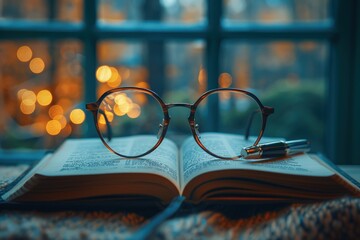 A pair of glasses sit atop an open book, with a pen lying nearby, against a blurred background.