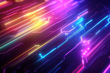 A colorful, neon-lit background with a series of lines and dots. The image is abstract and has a futuristic feel to it