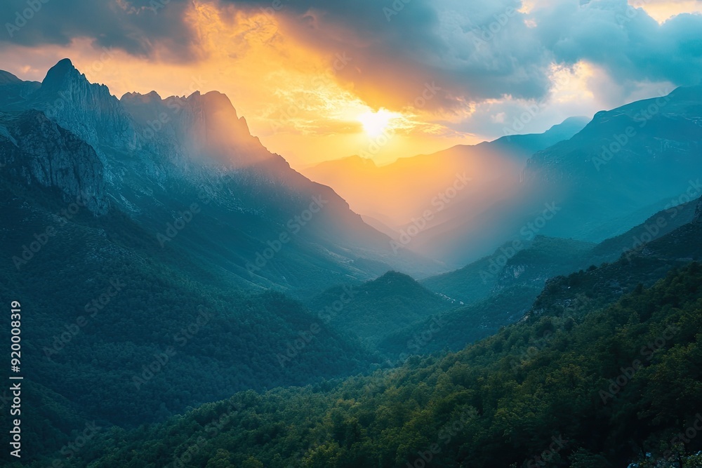 Wall mural a mountain range with a beautiful sunset in the background. the mountains are covered in trees and t