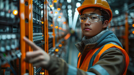 A Engineer in a safety vest is pointing at a machine.generative ai