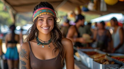 A young woman with dreadlocks is smiling at the camera at a summer festival.
