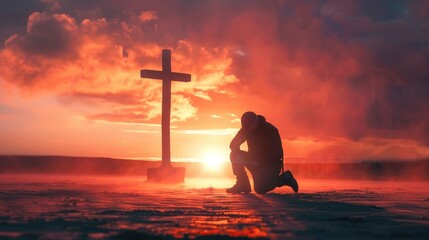 A man kneels and prays in front of a cross.