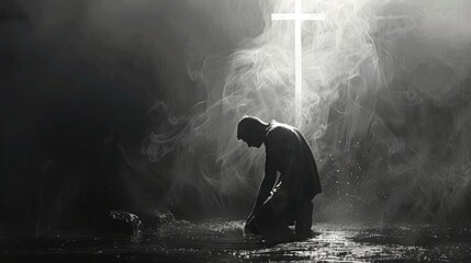 A man kneels and prays in front of a cross.