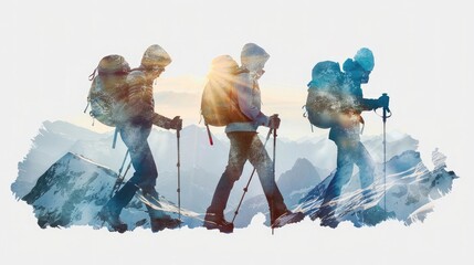 Double exposure effect of three people hiking in the mountains with backpacks and hiking poles isolated on background.