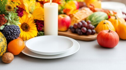 Empty plates on a festive autumn table setting with fruits, vegetables, flowers, and a candle.