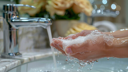 Fototapeta premium Hand Washing with Liquid Soap, A close-up of hands being lathered with liquid soap under a modern faucet, emphasizing cleanliness.generative ai