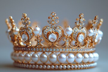 A close-up of a golden crown adorned with pearls.