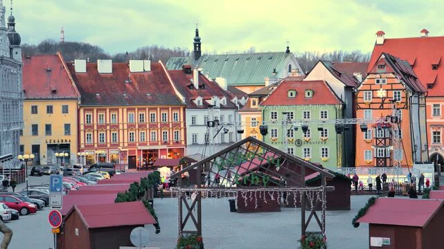 Christmas Old Town Cheb, Czech Republic. View from above. Christmas time in the Czech Republic. 4k footage