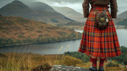 A Person Wearing a Tartan Kilt Standing on a Hillside Overlooking a Lake and Mountains