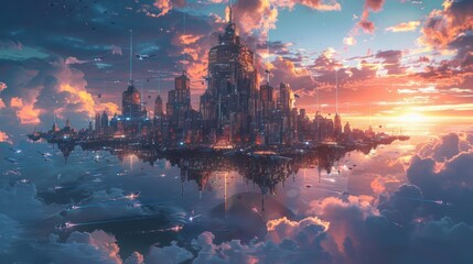 Obraz premium A Futuristic City Suspended in the Clouds at Sunset