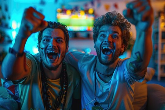 Football frenzy: fans enjoying a football match on the tv at home, show the camaraderie of sports enthusiasts bonding over live matches, beers, and popcorn.