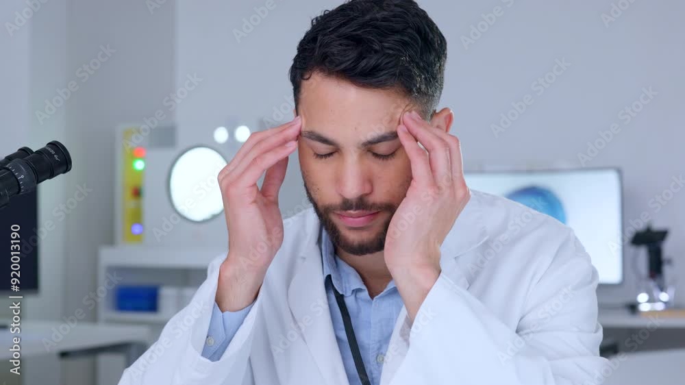 Poster Stressed male scientist with a headache working in a lab. Young research biologist looking stressed and exhausted from failing on creating a cure. Biotechnology chemist unhappy with results