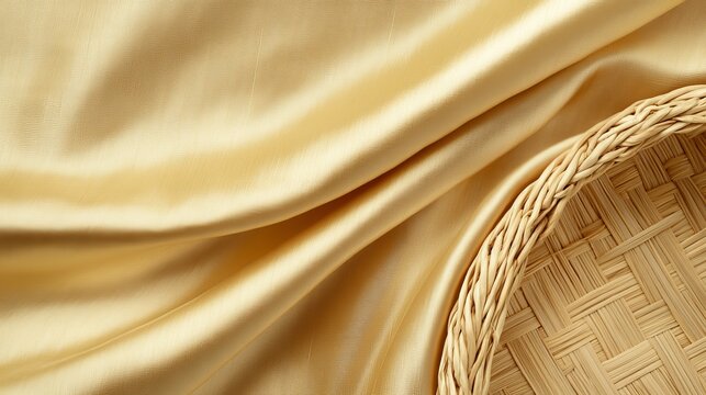 Muga silk's lustrous gold set against intricate basket weaving, showcasing the elegance and natural beauty of raw silk fibers, ambient light