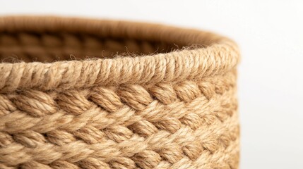 Obraz premium Natural fiber basket interwoven with wool, set against a white background, presenting a harmonious blend of organic textures and craftsmanship