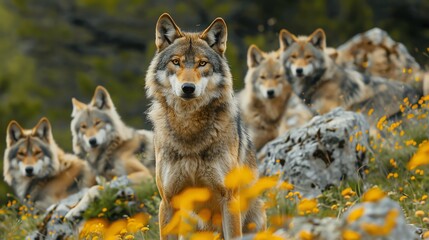 Obraz premium Wolves establishing pack territories in mountainous regions, guided by natural social processes, fauna territory natural processes, pack dynamics